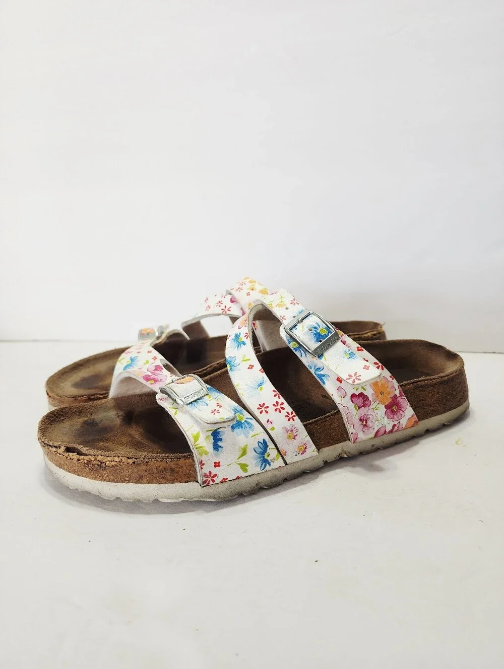 Birkenstock Floral Triple-Strap Cork Sandal - White Size 39
